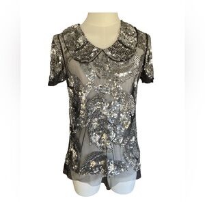 Vintage Tracy Reese Black and Silver Sequin Short Sleeve Top Size P